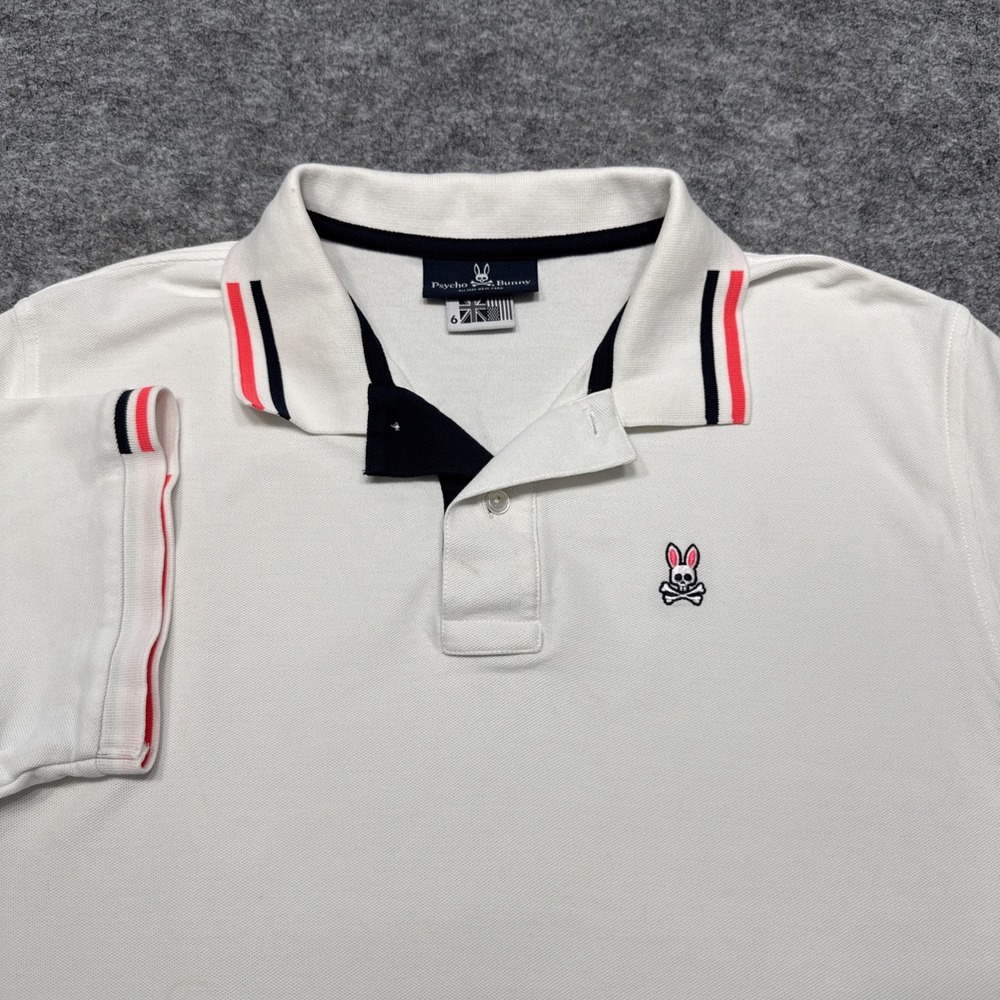 Psycho Bunny polo men's 6 large white neon tipped pima cotton embroidered logo